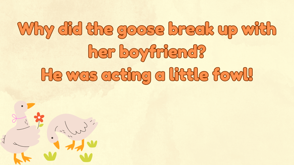 Why did the goose break up with her boyfriend?
He was acting a little fowl!